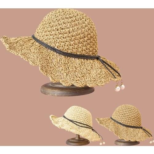 Pearl Lace Fashion Hat Summer Straw Hat Womens Summer Wide-Brimmed Sunscreen Beach Trend Wild Simple Foldable Womens Sun Hat