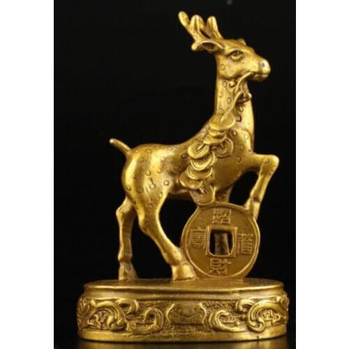 Ancient Chinese exquisite hand-cast brass deer statue auspicious