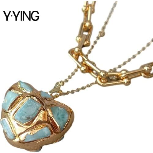 Y·YING Natural Heart Shaped Blue Larimar Pendant necklace Gold color Plated Chain Layers statement Necklace 20" Gifts