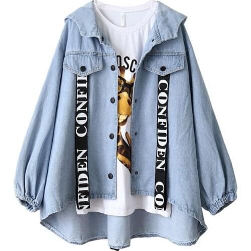 Denim Jacket 2021 Female Spring Autumn Korean Loose High-End Hooded Hong Kong Style Clown Print Student Women Patch Coat A561