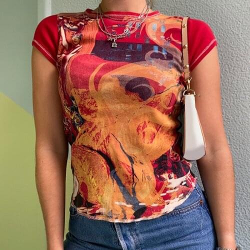 Women Summer Slim-fit T-Shirt Adults Abstract Printed Round Neck Short Sleeve Pullover Tops Red Green Purple Blue Brown