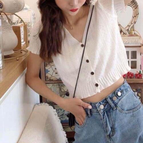 Women Summer Knitted Ice Silk Short Sleeve V Neck Button T-shirt Blouse Crop Top