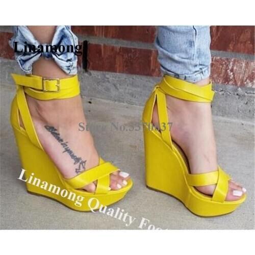 Linamong New Fashion Open Toe High Platform Wedge Sandals Yellow Buckles Strap Cross Height Increased Wedges Formal Dress Heels