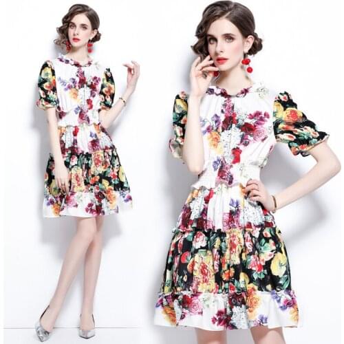 Women Summer Dresses 2021 New Office Lady A-LINE Printing Mid-Calf Women Dresses O-Neck Elegant Party Night Short Women Dresses