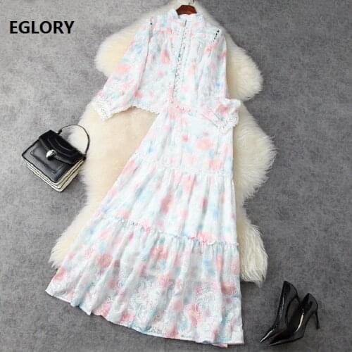 Top Quality Womens Set 2021 Spring Summer Skirt Suit Ladies Sweet Rainbow Color Embroidery Long Sleeve Shirts+Long Maxi Skirts