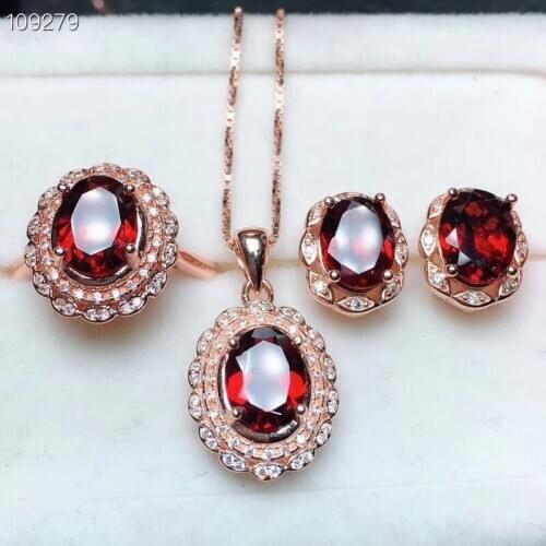 Luxury sunflower Natural red garnet gem Ring Pendant earrings Natural Gemstone Jewelry Set 925 Silver Women party gift jewelry