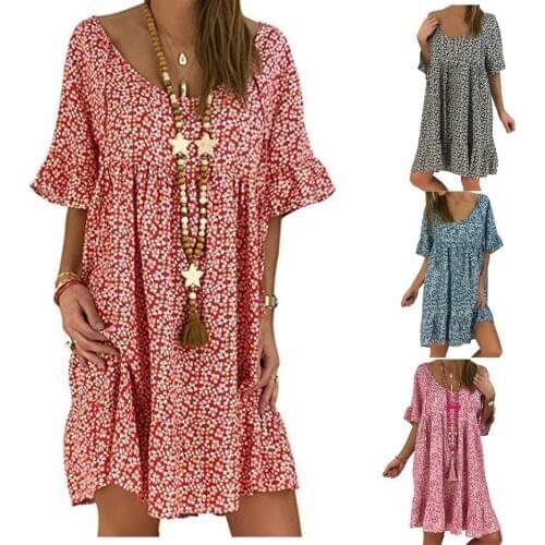 Ladies Short Sleeve Print Chiffon Loose Dress Womens round neck printed ruffled sleeve lace dress girl dress robe longue boheme