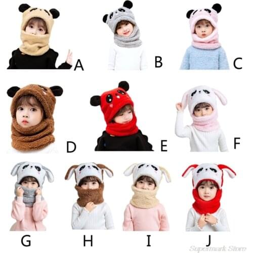 Adult Kids Winter Fuzzy Plush Balaclava Hat Cartoon Panda Rabbit Windproof Full Cover Earflap Hood Cap Neck Warmer Scarf My05 21