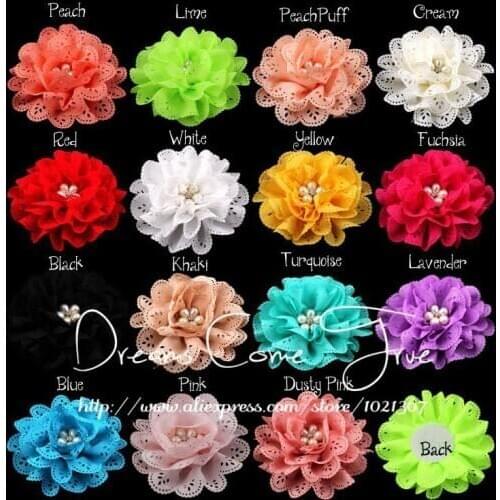 200pcs/lot)4" 15Colors Fashion Solid Pearl Center Flowers For Hair Accessories Eyelet Hollow Out Fabric Flowers For Headbands