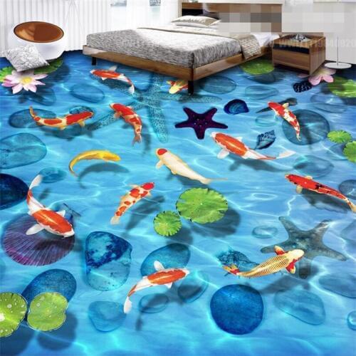 Beibehang Custom photo 3D wearable PVC flooring lotus carp stone shell 3D floor papel de parede 3d para sala atacado