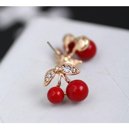 Korean Style Sweet Cherry Stud Earrings For Women Girls Party Gift Red Crystal Earring Accessories