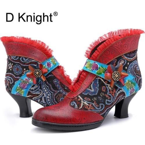 New Winter Genuine Leather Ankle Boots Vinatge Lace Womens Boots High Heel Short Boots Party Shoes Retro Print Flower Lady Boot
