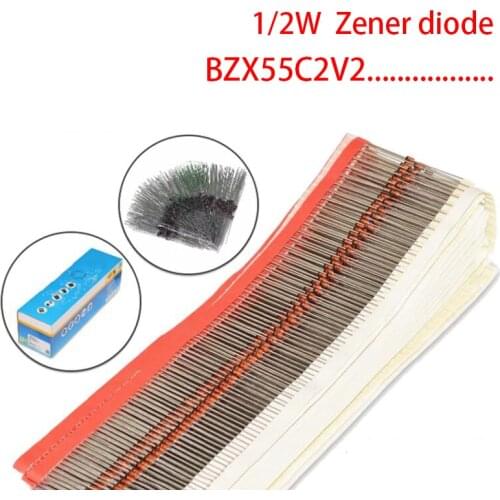 100pcs 1/2W Zener diode DO-35 BZX55C2V2 2V 2V2 2V4 2V7 3V 3V3 3V6 3V9 4V3 4V7 5V1 5V6 6V2 6V8 7V5 8V2 9V1 10V 11V 12V 13V 15V