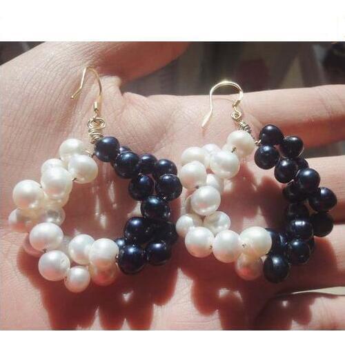 Elegant 100% Genuine Freshwater Pearl Dangle Earrings For Women,White Black 7-8mm Twisted Pearl Silvers Jewellery