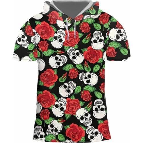 IFPD EU Size Rose Flower 3d Printed Hooded Tshirt Hip Hop Fashion Loose Short Sleeve Skull T Shirt Harajuku Men Tops Clothing