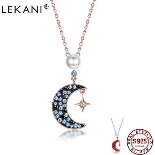 LEKANI 925 Sterling Silver Shiny CZ Star Moon Pendant Necklaces For Women Elegant Shell Pearl Necklace Charms Jewelry Gift