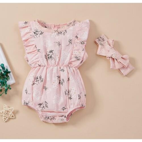Sweet Style Baby Girls Rompers Newborn Summer Floral Plant Printing Fly Sleeve Romper + Bow Headwear Clothes