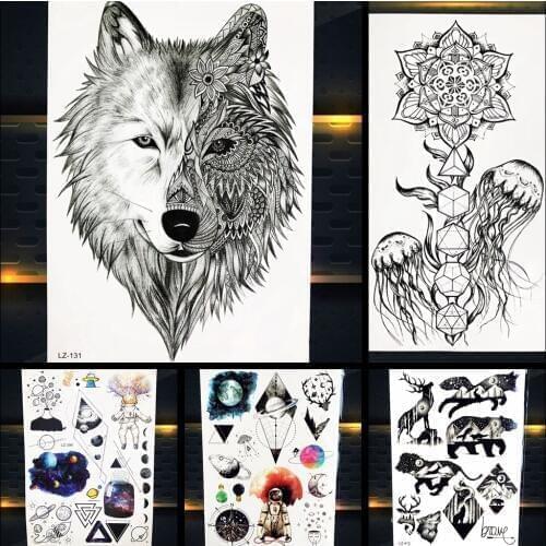 Fashion Temporary Tattoo Stickers Women Black Tribal Wolf Fake Tatoos Flower Jellyfish Men Arm Art Water Tranfer Tattoo Universe