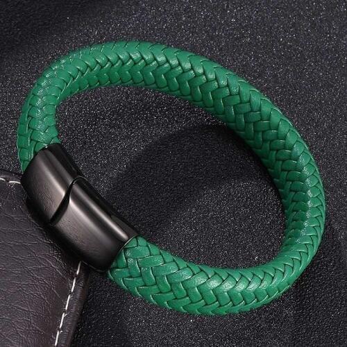 Green Leather Braided Bracelet Bangles Fashion Men Wrist Band 3 Colors Magnetic Buckle Male Charm Bracelets Jewelry Gifts ST0016