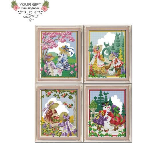 Your Gift RA081 RA082 RA083 RA084 14CT 11CT Counted and Stamped Four Seasons Girls Home Decor Needlework Cross Stitch kits