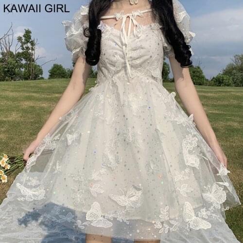 2020 New Kawaii Soft Girl Dress Mori Girls Hepburn Puff Sleeve Midi Dress Women Cute Lively Sweet Lace Embroidery A-Line Dresses