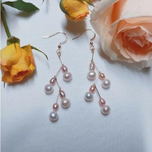 New Arrival Favorite Pearls Earring White Pink Color Rice Genuine Freshwater Pearl Silver Wire Handmade Dangle Earring Lady Gift