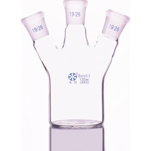 Single-deck cylindrical three-necked flat-bottom flask 100ml,Middle 19/26,Side 19/26,Single-deck cylindrical reactor bottle