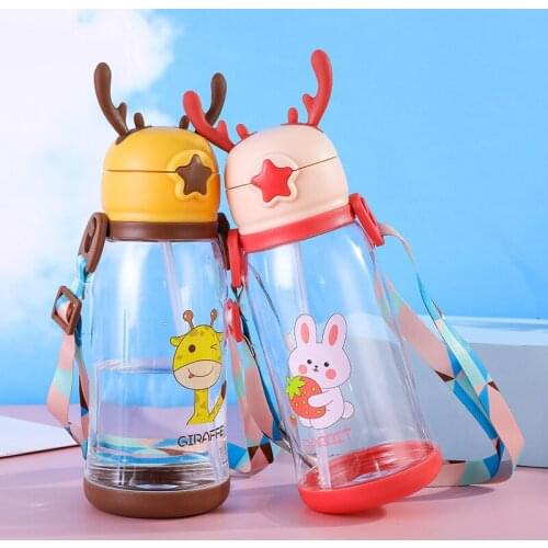 Plastic Straw Cup Summer Net Red Cute Cartoon Antler Strap Water Cup Student Children Drinking Cup Accompanying Cup