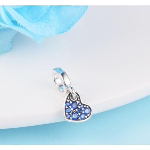 Fits Pandora Bracelet 925 Sterling Silver Stellar Blue Pave Tilted Heart Dangle Charms Beads DIY Jewelry Making Gift 2021 New