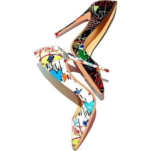 Sexy Printed Leather High Heel Pumps 8 10 12cm Stiletto Heels Mixed Patchwork Dress Shoes Pointed toe Wedding Pumps Size 45
