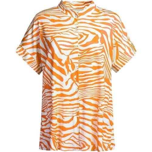 Women Summer Shirt Short Sleeve V-Neck Shirts Fashion Zebra-Stripe Collar Button Loose Casual Top Daily Life Blouse