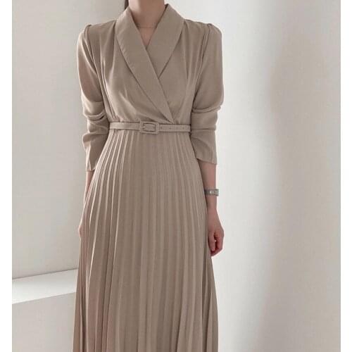 Elegant 2021 Spring Casual Draped Hem Patchwork V Neck Long Sleeve With Belt Midi Office Party Dresses Big Swing Vestidos
