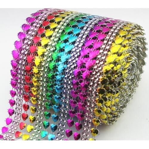 16 rows Double Heart Rhinestone Mesh Ribbon Rainbow Diamante Wedding Table Runners Sparkle Wrap