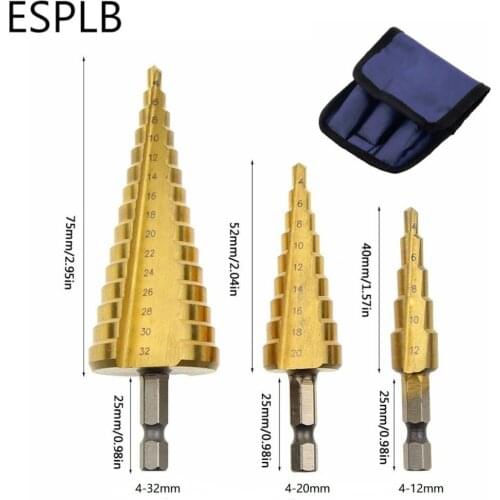 3pcs Step Drill Bits (4-12/4-20/4-32mm) HSS Steel Titanium Coated Straight Flute with 1/4 Hex Triangle Shank Centre Hole Cutter