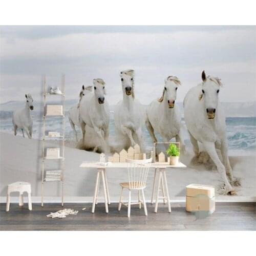 Beibehang Modern Living Room Bedroom Background Decoration painting Sea Sand Beach Landscape White Horse Photo 3d wallpaper
