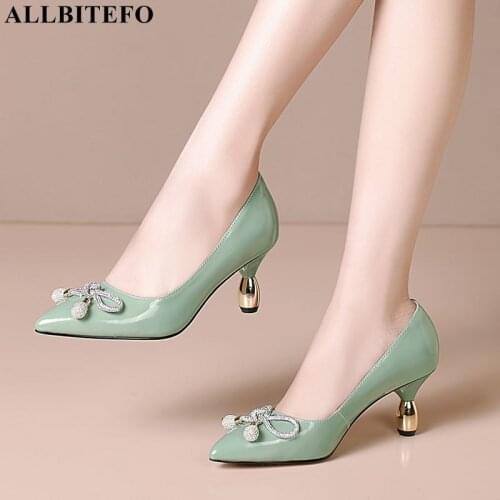 ALLBITEFO size 33-43 golden heel bow design genuine leather high heels Light green stiletto pumps fashion sexy women heels shoes