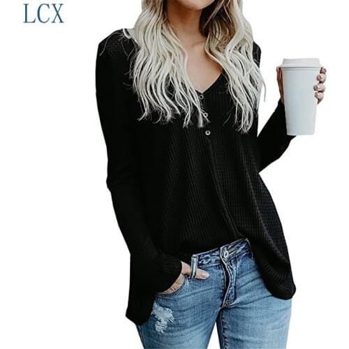 Pure color button V-neck long sleeve blouse for women in 2019 sweater women winter clothes women
