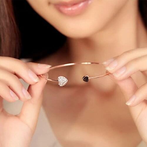 Fashion adjustable crystal double heart bow full heart shaped love bracelet cuff opening bracelet female jewelry gift