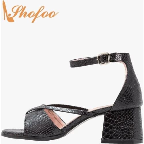 Black Snakeskin Ankle Wrap Sandals Woman High Chunky Heels Buckle Strap Narrow Band Female Summer Shoes Footwear Fashion Mature