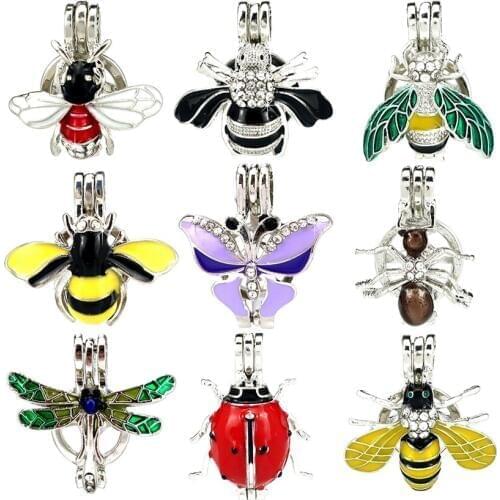 Colors Enamel Insect Rhinestone Spider Beads Cage Perfume Essential Oil Diffuser Pearl Cage Locket Pendant