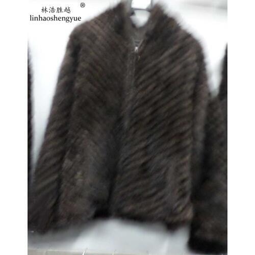 Linhaoshengyue Brown Long Sleeve Knit Mink Fur Coat