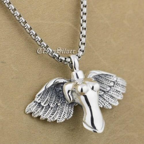LINSION 925 Sterling Silver Naked Angel Mens Biker Rock Punk Pendant 9S001