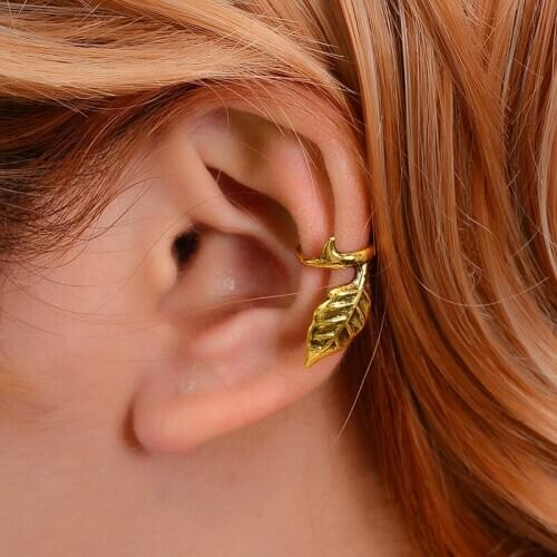 Metallic Retro Simple U-shape Tree Leaf Plant Golden Silver Plated Copper Ear Cuff Clip Earrings for Women & Men