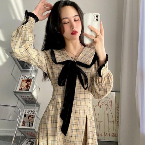 Bella Philosophy Autumn 2021 New fashion Vintage Best-selling Retrol Peter Pan Collar Bowknot Plaid Dress Office Party Dress