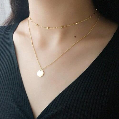 Stainless Steel Pendant Necklace Fashion Female Double Round Bead Disc Necklace Simple Ladies Party Jewelry Gift