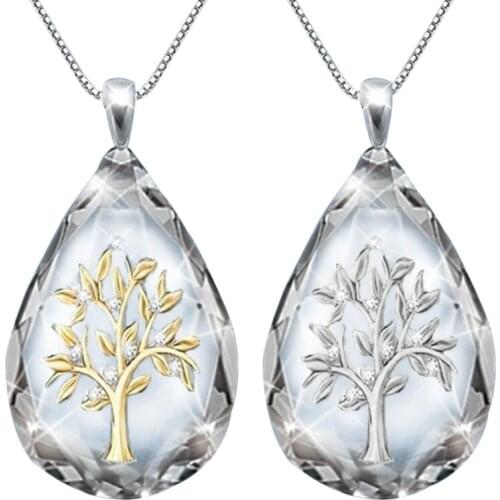 Transparent Crystal Waterdrop Shape Life Tree Pendant Necklace for Women Fashion Party Jewelry Necklace Gifts