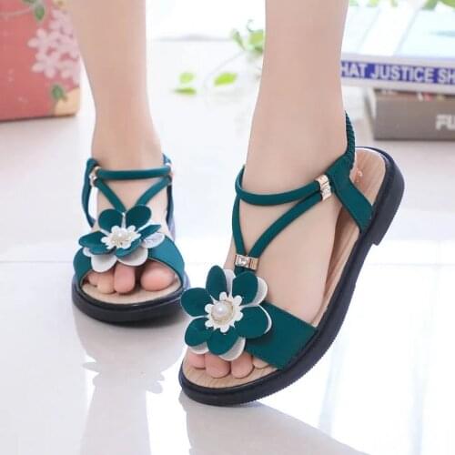 Summer Big Girls Gladiator Sandals For Childrens Flowers Green Pink Sweet Beach Shoes Kids Floral Sandals Princess Shoes New