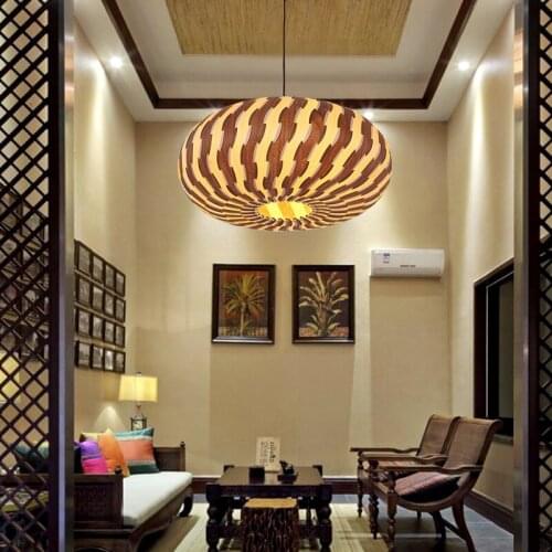 SGROW Southeast Asia Wood Lampshade Pendant Lights for Living Room Bedroom Simple Creative Art Hanging Lamp Lighting Fixtures