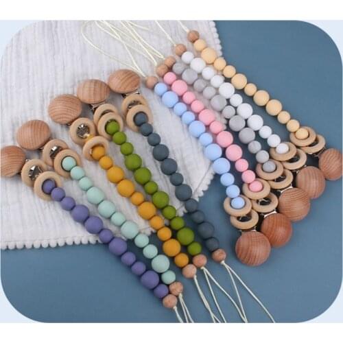 Silicone Beads Baby Pacifier Clip Chain Anti-Drop Wooden Clips Ring Pacifier Chain Nipple Clip Appease Soother Dummy Holder