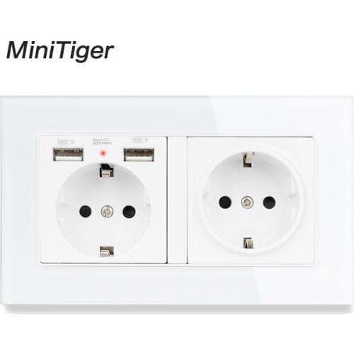 Minitiger 2 Gang Russia Spain EU Standard Wall Socket With 2 USB Charge Port Hidden Soft LED Indicator Crystal Glass Panel